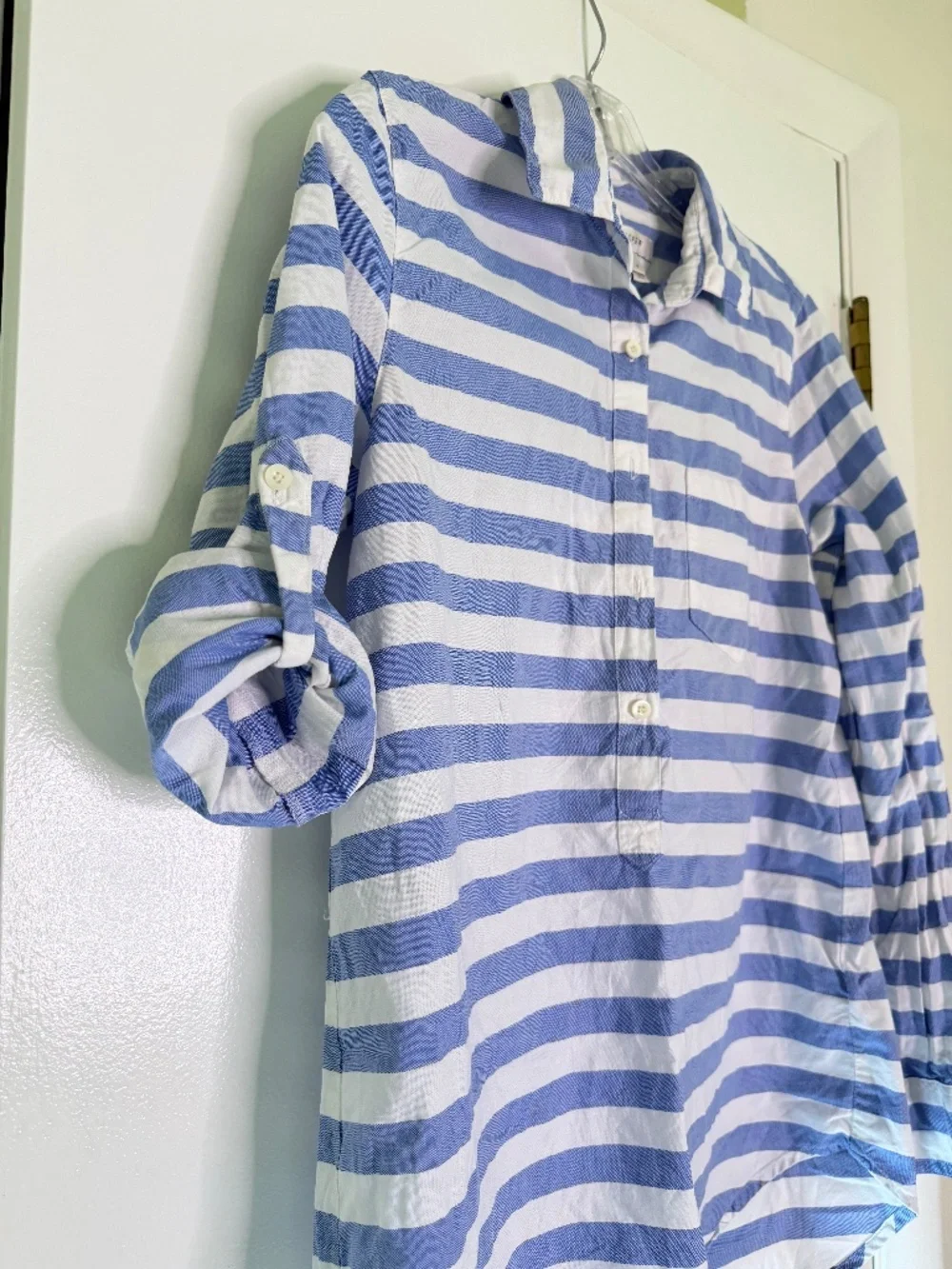 J.Crew Blue White Striped Button Front Tunic Shirt Women's Size Small Roll Tab S